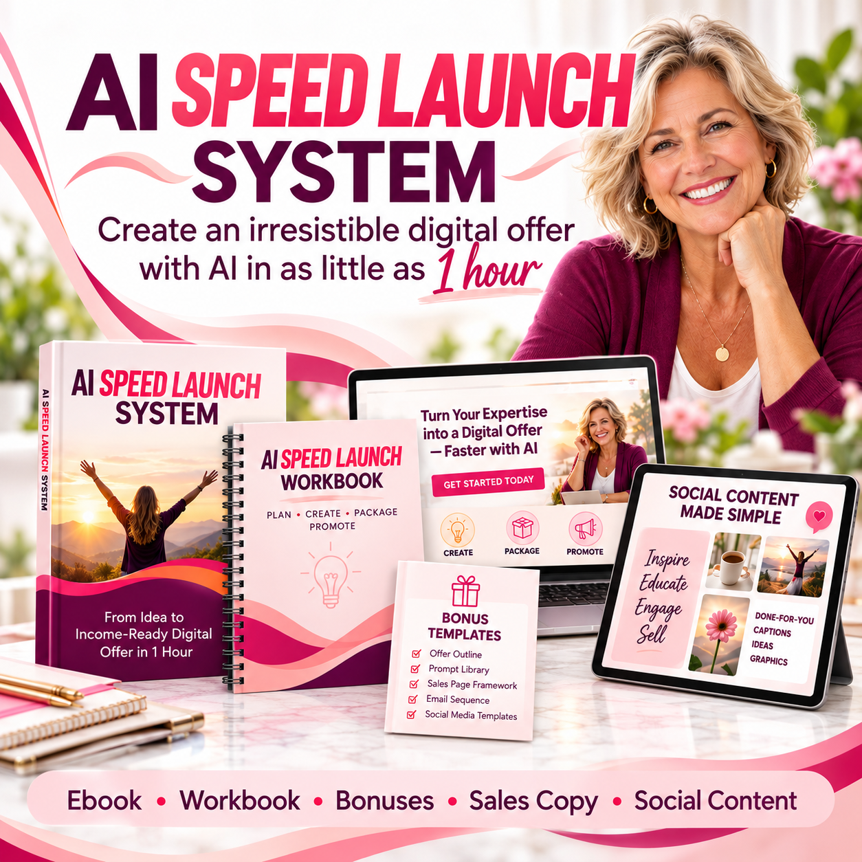 The AI Speed Launch System with Sally Cevasco, ebook, workbook, bonus templates, sales copy and social content