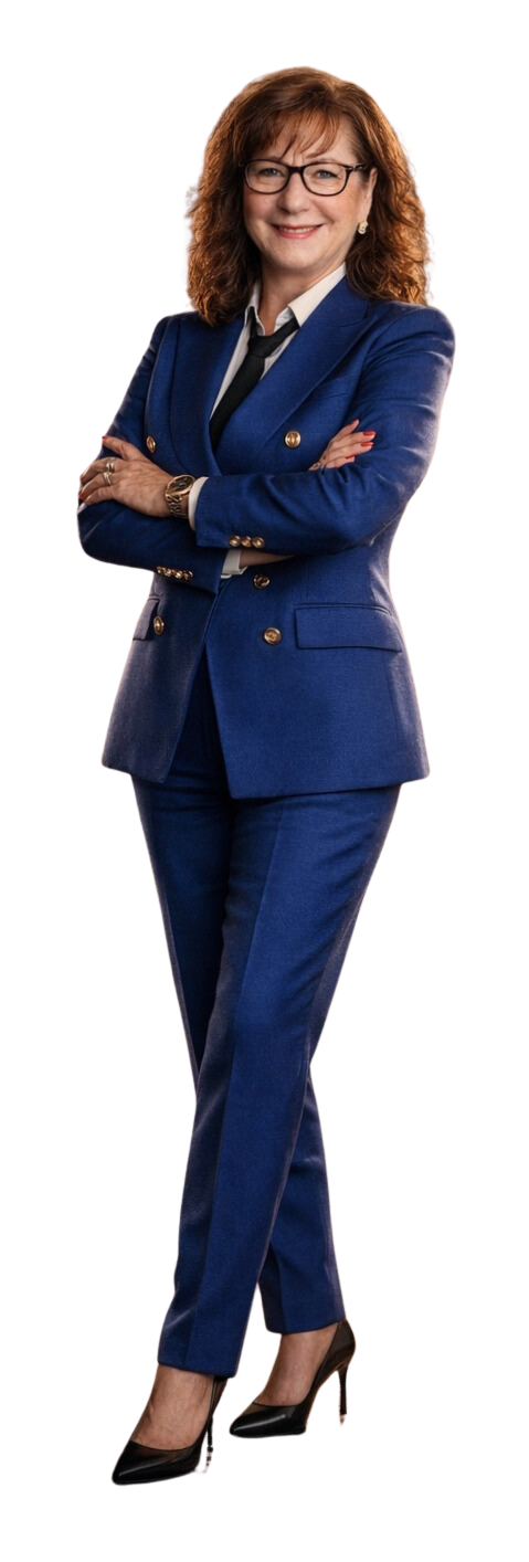 Sally Cevasco, founder of the AI Speed Launch System, standing confidently in a navy blazer